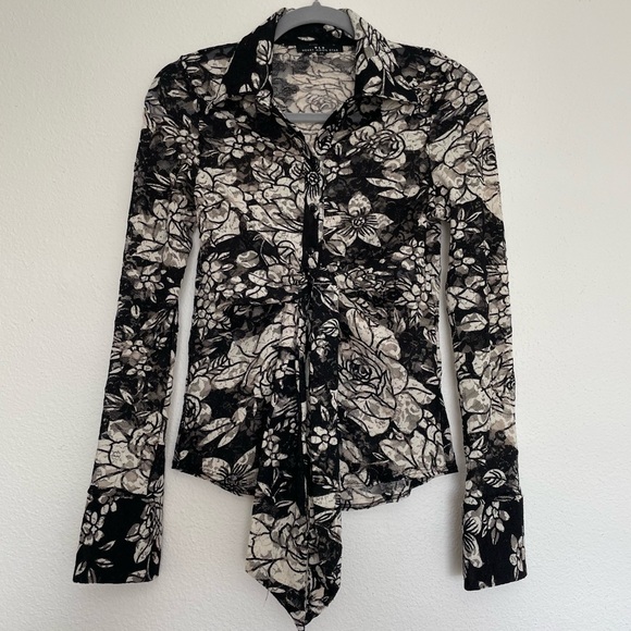 VTG y2k Heart Moon Star Long-Sleeve Mesh Lace Button-Up MEDIUM - Picture 4 of 11